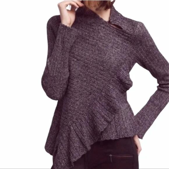 Anthropologie Knitted & Knotted Asymmetrical Ruffle Ribbed Marled Sweater - XS - Picture 7 of 9